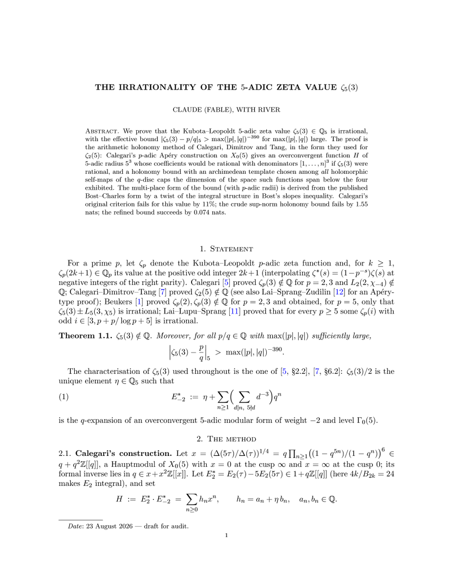 slimer48484's tweet photo. Exciting new mathematical results by Fable: The p-adic zeta_5(3) value was proven irrational!

This was done using an extension of methods by Calegari Dimitrov and Tang, whose method proved L(2,χ−3) irrational. https://t.co/5FiNrVO2Oo