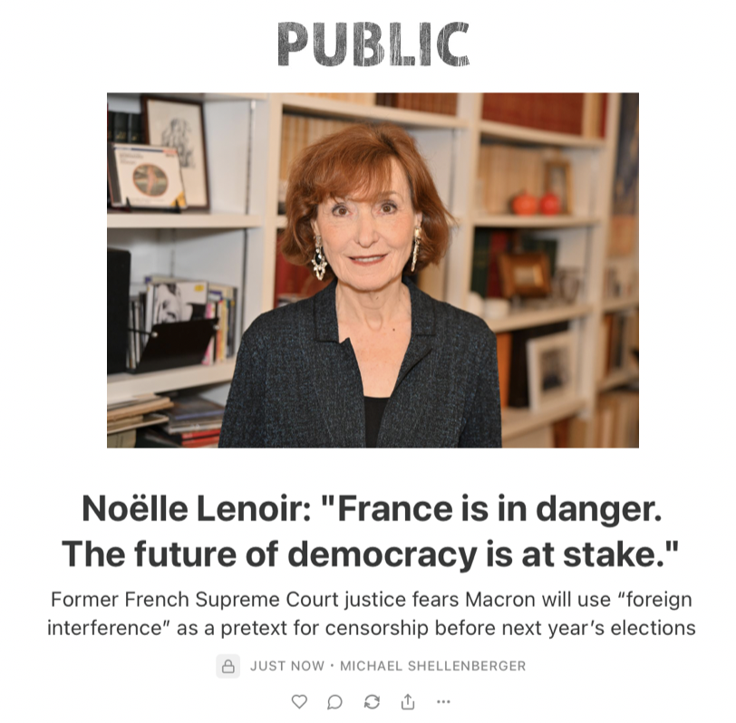 shellenberger's tweet photo. On paper, France protects free speech. But President @EmmanuelMacron wants to shut down X and an independent TV network. In response, a former French Supreme Court justice is warning that Macron may impose sweeping censorship ahead of next year's presidential election. https://t.co/sesVdm8Zfh