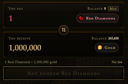 Fortryv's tweet photo. ✅Now you can swap Gold to Diamonds and vice versa directly at the Fortryv bank 🏦

The current rate is 1.000.000 Gold per Red Diamond. https://t.co/KeHmk3h9mO