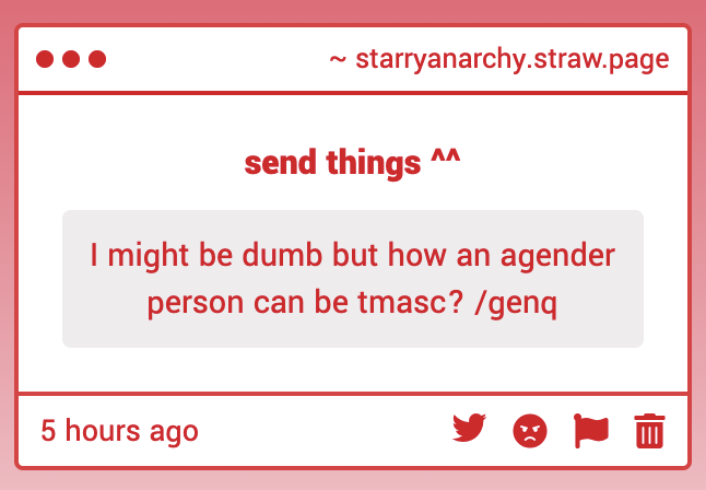 starry_anarchy's tweet photo. transmasc ≠ binary trans man
i'm nonbinary and transmasc because i'm transitioning to be more masculine, not to be a man, because i'm nonbinary
same could apply to agender beings and their forms of self expression !! https://t.co/7SRlpVzyqu