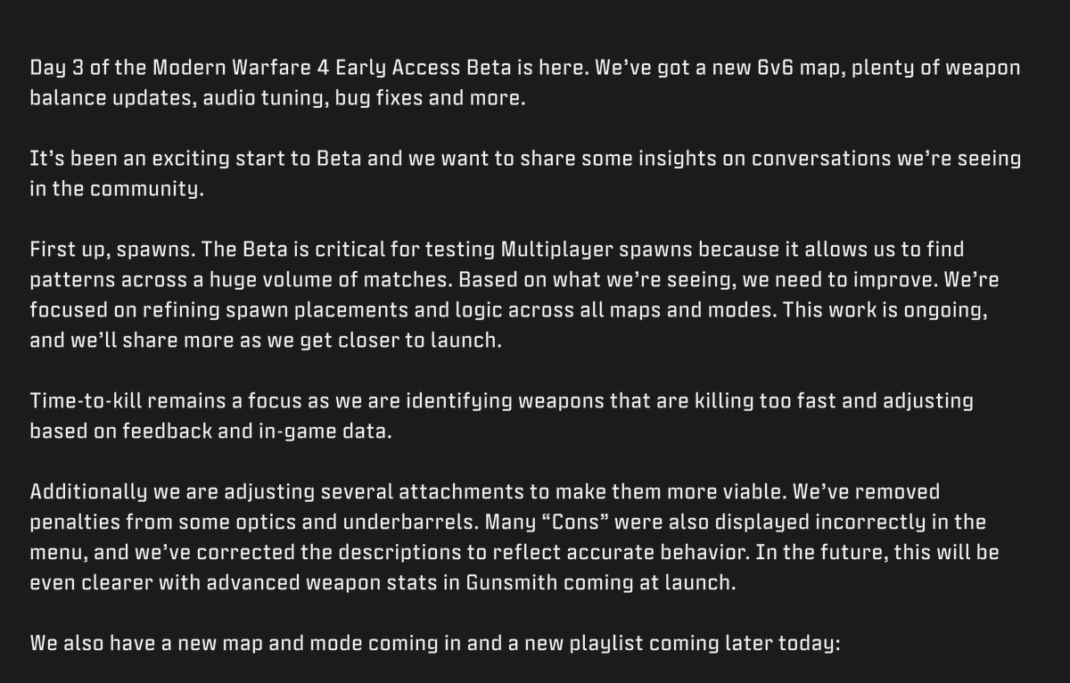 charlieINTEL's tweet photo. New update on the Modern Warfare 4 beta: 

-- They are seeing feedback on TTK and working to make adjustments to it
-- Reducing the number of cons for attachments for better balance 
-- Spawn changes coming https://t.co/JvXk7WJ9TZ