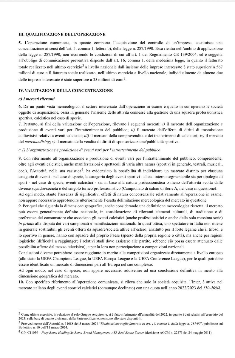 miklafranc's tweet photo. Una richiesta di chiarimento alla Fondazione Jdentità Bianconera (@fondazionejb).

Mi permetto di chiedere un chiarimento alla Fondazione Jdentità Bianconera in merito all’articolo pubblicato il 27 luglio 2026 sul procedimento relativo alla vendita di San Siro (sotto il link).

Nel testo si afferma che nel 2024 l’AGCOM (Autorità per le Garanzie nelle Comunicazioni) avrebbe avviato un’istruttoria sull’acquisizione dell’Inter da parte di Brookfield-Oaktree.

Per quanto mi risulta dalle fonti pubbliche, l’operazione fu invece esaminata dall’AGCM (Autorità Garante della Concorrenza e del Mercato) con il provvedimento n. 31265 del 18 giugno 2024, che deliberò espressamente di non avviare l’istruttoria.

Non ho invece rinvenuto un provvedimento AGCOM che attesti l’avvio di un’istruttoria relativa alla medesima operazione. 

Se la Fondazione dispone dell’atto con cui tale istruttoria sarebbe stata avviata, potrebbe cortesemente indicarlo?

https://t.co/UZ3JoP4BuG