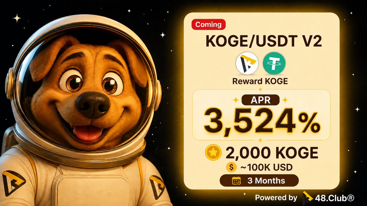 48Club_Official's tweet photo. 🚀 NEW FARM
KOGE/USDT V2
🔥 Initial APR: 3,524%
💰 2,000 $KOGE (~US$100K)
⏳ 3 Months
Starts Aug 25, 10:30 AM (UTC+8) — the same day the Pasteur Hardfork lands on BSC mainnet.
👉 https://t.co/yTiITfFlLu
APR is dynamic. #48CLUB #KOGE https://t.co/zGrevqOq6N