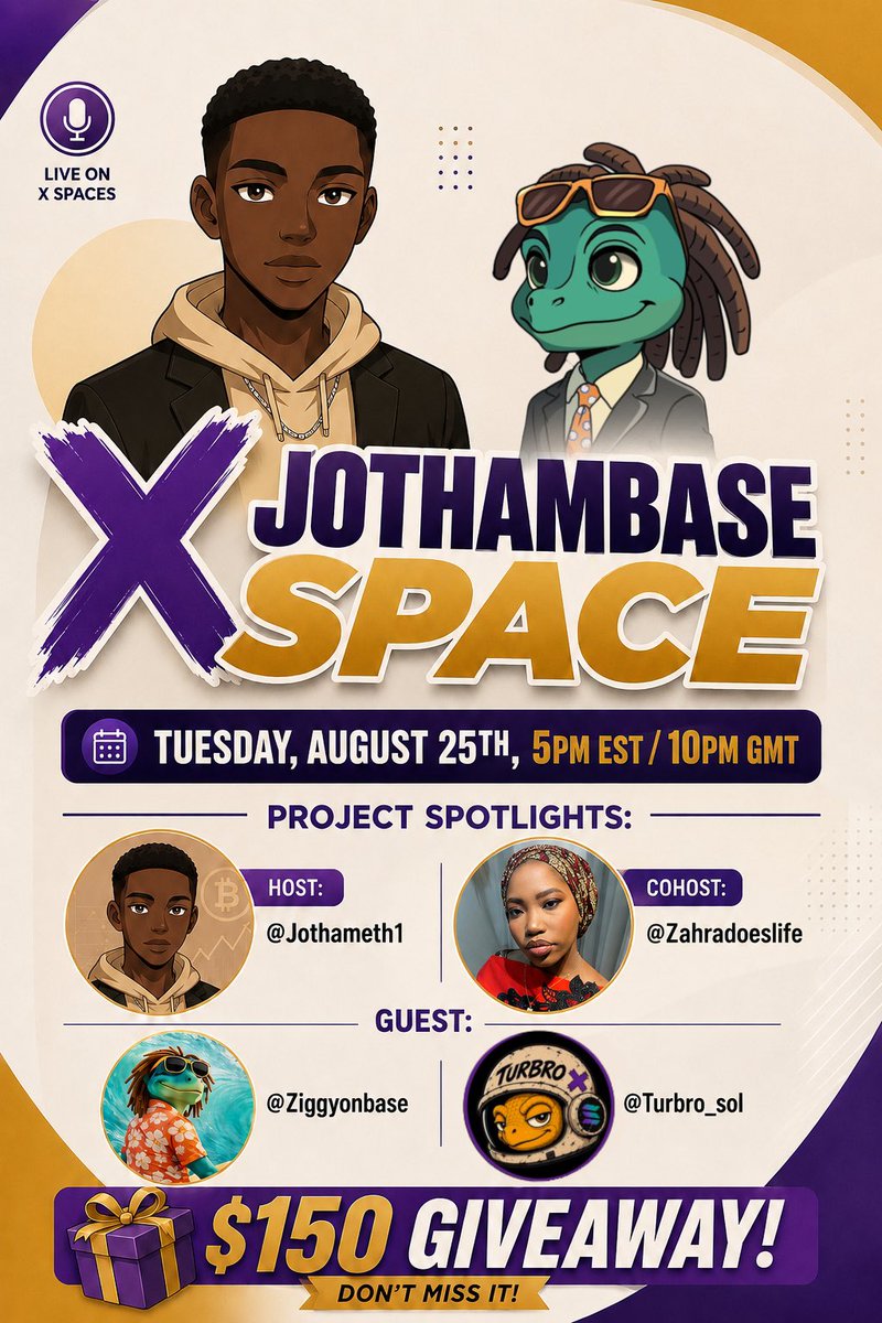 Jothameth1's tweet photo. 🚨 $ZIGGY x $TURBRO SPACE 🚨

I’m excited to be hosting an exclusive JOTHAMBASE Space this Tuesday, August 25th at 5PM EST / 10PM GMT! 🔥

I’ll be joined by the amazing @zahradoeslife as we break down the latest community updates, alpha, and all the bullish developments around @ZiggyOnBase and @Turbro_Sol 

We’ll also be hosting an AMA with the teams, so come ready with your questions! 👀

And yes, we’re giving away $150 LIVE on the Space!💰

Set your reminders: https://t.co/uZaeNI7ny4