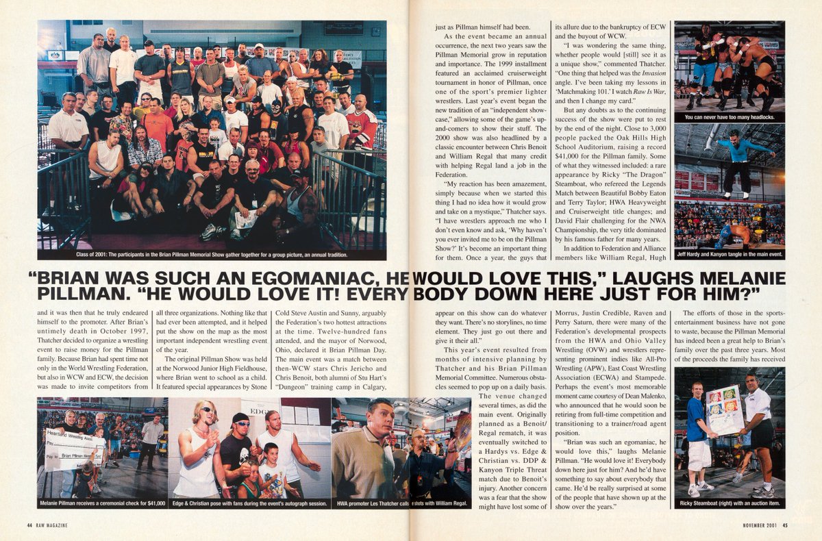 WUonline's tweet photo. I was looking at some old #WWFRaw Magazines this morning, and came across the November 2001 issue, with @TheRock on the cover.  Inside is a five-page article on the 3rd Annual #BrianPIllmanMemorial. I thought you would like to see it, @LexisKingWWE.  The article was written by @BrianRSolomon. #WUOnline #WWE #BringBackWWEMagazines