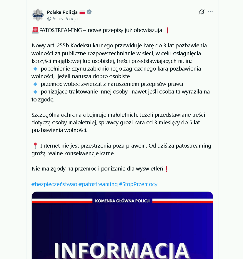 coolfonpl's tweet photo. Jak to dobrze, że wzgardziłem pieniążkiem od Elona. Mogliby mnie zwyczajnie wsadzić do pudła.

Według nowych przepisów zamieszczanie na X filmików dokumentujących przestępstwo może być karane karą nawet do 5 lat więzienia. 

Ustawa przeciwko patostreamingowi w obecnym kształcie to knebel dla takich jak ja - osób będących sygnalistami i działających w interesie społecznym, ale niewygodnych dla władzy.
