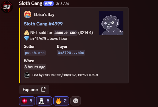 dmesticker's tweet photo. A random wallet not even a year old swept up a legendary @SlothGangNFTs early this morning. 

"Xen-Gor"

Apparently has also done the same for @CroHound_GODS, @CroRascals, and @Lycan_Lore 

Who's alt wallet is this? 👀 https://t.co/BkRGa00Uam