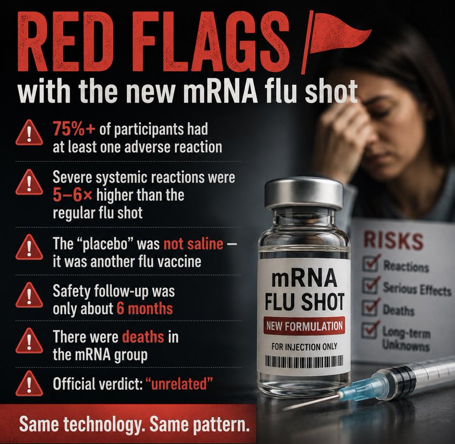 ValerieAnne1970's tweet photo. Please whatever you do... DO NOT TAKE THE NEW FDA APPROVED mFLUSIVA mRNA FLU SHOT

Moderna’s first-ever mRNA flu vaccine was just FDA-approved and rushed to market —  loaded with red flags that echo COVID-era patterns.

• 75.7% of mFLUSIVA recipients reported adverse reactions within 7 days... fever, extreme fatigue, severe headache and pain.

• Severe systemic reactions were 5–6X higher with illness occurring in 1 out of every 20 participants.

• The “placebo” was not saline — it was another flu vaccine Fluarix: No true inert placebo means the safety contrast is gone, and absolute risk versus nothing is unknown.

• Safety follow-up was only about 6 months: Long-term effects, rare events, and multi-year outcomes remain completely untracked in the published data.

• There were 102 deaths in the mRNA group: The FDA labeled them unrelated, yet no autopsies were performed — leaving complete uncertainty.

• Same technology. Same pattern: Built on the identical mRNA platform as the COVID shots that produced high injuries, illnesses and deaths.