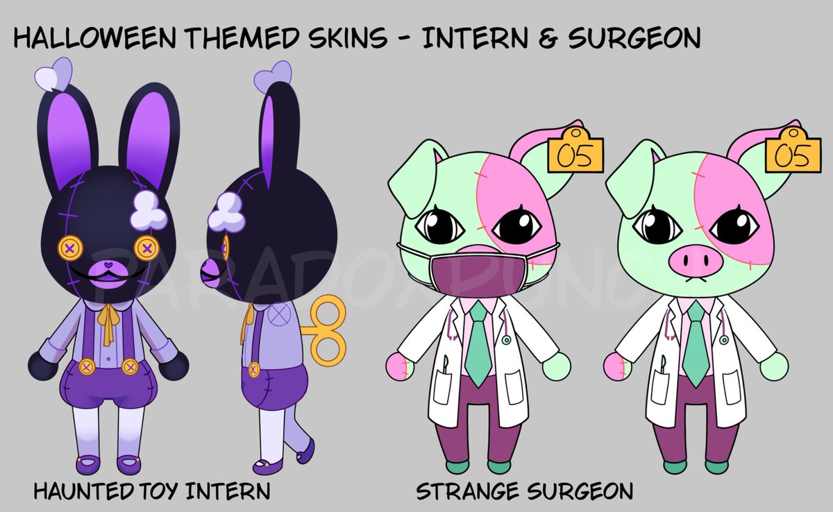 Paradox_Punch's tweet photo. Animal Hospital Fan Skins

I was thinking Intern would be a mix of wind up toy and plush w a darker purple palette. For Surgeon I wanted a pig character inspired by Frankenstein’s Monster :D !!

#animalhospitalintern #animalhospitalsurgeon https://t.co/am3I1Z8JCb