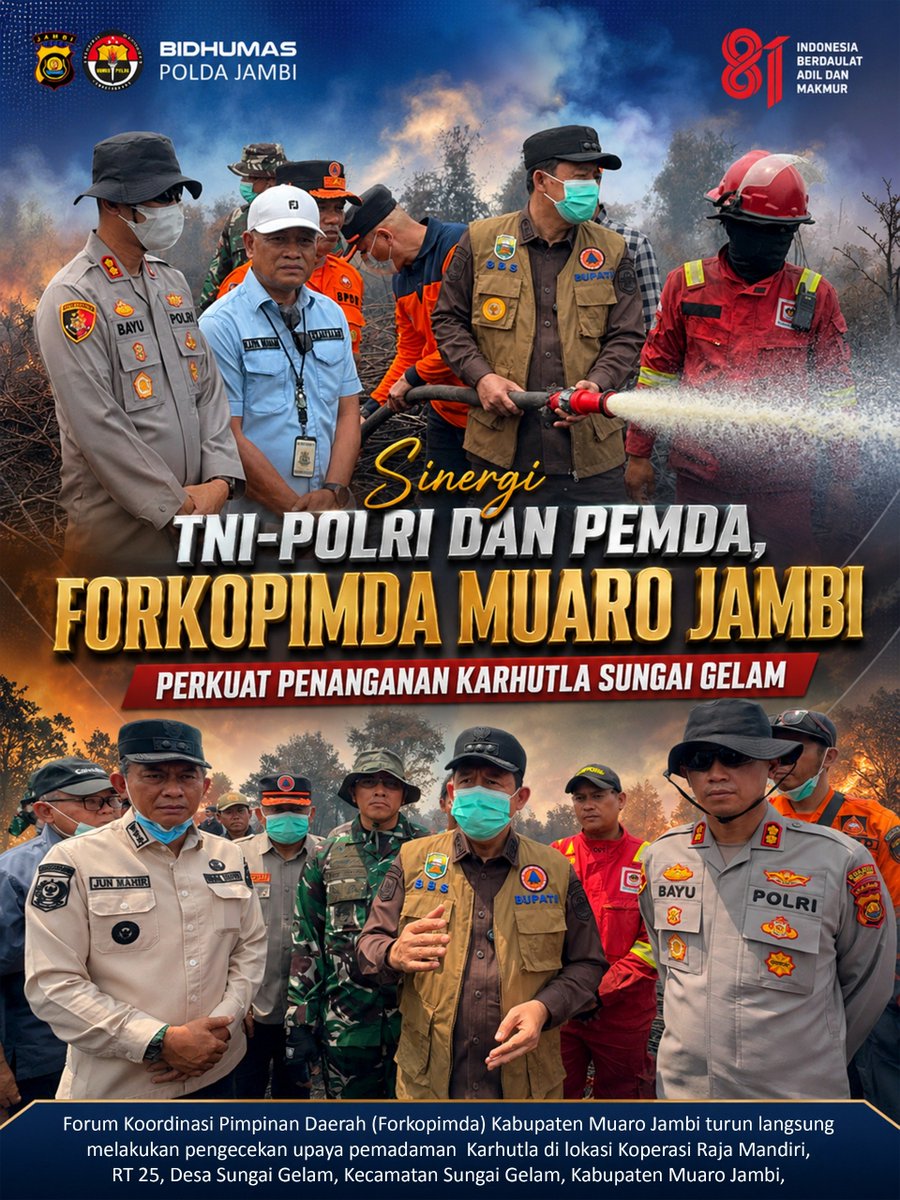 polda_jambi's tweet photo. Forkopimda Kabupaten Muaro Jambi turun langsung mengecek penanganan Kebakaran Hutan dan Lahan (Karhutla) di lokasi Koperasi Raja Mandiri, RT 25, Desa Sungai Gelam, Kecamatan Sungai Gelam, Sabtu (15/8/2026).

#PoldaJambi #kapoldajambi #CegahKarhutla #SinergiTNIPolri #Forkopimda https://t.co/o8rsqo5Ikh