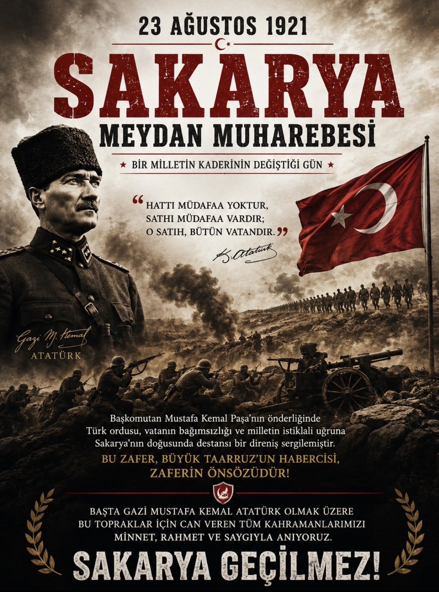 omercam44's tweet photo. 23 Ağustos 1921, Türk milletinin kaderinin yeniden yazıldığı Sakarya Meydan Muharebesi’nin başladığı gündür. Başkomutan Mustafa Kemal Paşa’nın önderliğinde Türk ordusu, vatanın bağımsızlığı ve milletin istiklali uğruna Sakarya’nın doğusunda tarihin en büyük direnişlerinden birini ortaya koymuştur. “Hattı müdafaa yoktur, sathı müdafaa vardır; o satıh, bütün vatandır.” anlayışıyla yürütülen bu mücadele, yalnızca bir askerî zafer değil; Türk milletinin teslim olmayacağının, Anadolu’nun Türk vatanı olarak kalacağının ve Millî Mücadele’nin zafere giden yolunun açıldığının tarihî ilanıdır. 23 Ağustos’u, başta Gazi Mustafa Kemal Atatürk olmak üzere vatan uğruna can veren kahramanlarımızı minnet, rahmet ve sonsuz saygıyla anarak hatırlıyoruz. Sakarya, Türk milletinin iradesidir; Sakarya, istiklalin mührüdür.

#yalnızTürk
#sadeceTürk
#SakaryaMeydanMuharebesi
