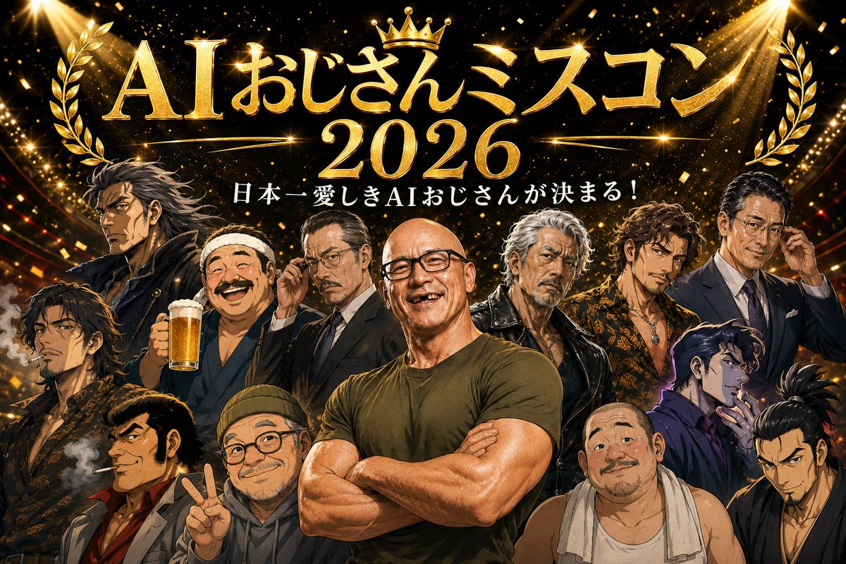 hehehehehe035's tweet photo. 🎉 AIおじさんミスコン2026 開催！ 🎉

「君の心のど真ん中にいられたらそれでいいや」
視聴回数2,500回突破記念！

ということで……

AIおじさんの“ど真ん中”を決めます。

🏆 AIおじさんミスコン2026 🏆

まずは参加してくれるAIおじさんを大募集！

【参加資格】
実写風、イラスト、漫画、歯抜け、面白いおじさん、渋カッコいいおじさん何でもok!!

【参加方法】

おじさん画像
おじさんの名前
おじさんの出身地（架空の場所もok）
自己PRもしくは自己紹介

を載せて
こちらのポストにリプもしくはこちらのポストを引用リポストしてください

※出身地と自己PRのところは無ければAIに画像参照で作らせたいと思います👍

#AIおじさんミスコン2026
つけていただけるとありがたいです🙇

AIで作った「おじさん」なら何でもOK！
自分で作ったお気に入りのAIおじさんをぜひ参加させてください😆

📅 参加募集期間
8/23 22:00 ～ 8/26 22:00

募集終了後、参加してくれたAIおじさんの中から
投票形式でグランプリを決定！

🗳️ 投票期間
8/27 22:00 ～ 8/30 22:00

そして投票を集計した後は……

参加者全員のおじさんをできるだけ登場させた
「優勝者発表動画」を制作して発表したいと思います！🎬

果たして――

日本一愛しきAIおじさんに選ばれるのは、どんなおじさんなのか……!!

皆さんの自慢のAIおじさん、
お待ちしてます🤣🏆