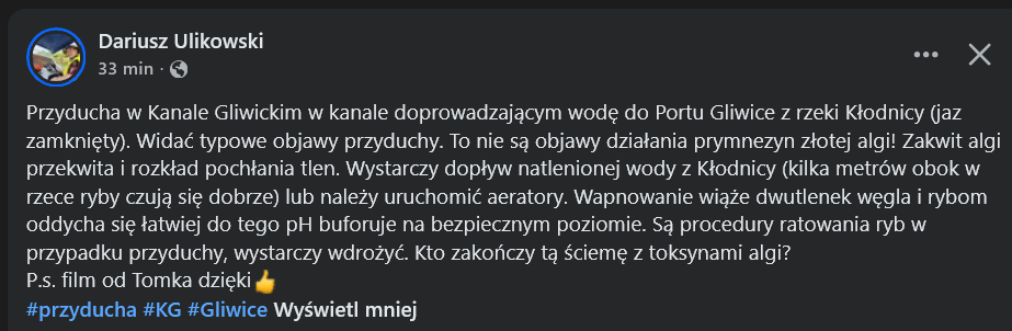 RobertJGola's tweet photo. Przedstawiam Wam kłamstwa wojewody śląskiego Marka Wójcika (oraz kłamstwa rządowe) i wpis ichtiologa z Instytutu Rybactwa Śródlądowego, który wzywa w/w wojewodę Wójcika do zakończenia tej ściemy. Jutro wysyłam pisma do @EU_Commission i Prokuratury Europejskiej #alga #Odra https://t.co/OpRephp4y1