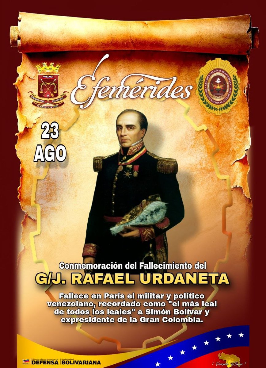 URIASANTOMEPC's tweet photo. #Efemérides | Conmemoración del Fallecimiento del G/J Rafael Urdaneta.

23AGO, rendimos tributo a la memoria del General en Jefe Rafael Urdaneta, prócer heroico de nuestra independencia y ejemplo imperecedero de firmeza, honor y compromiso patriótico.

"El Honor es su Divisa" https://t.co/Ovytbkruit