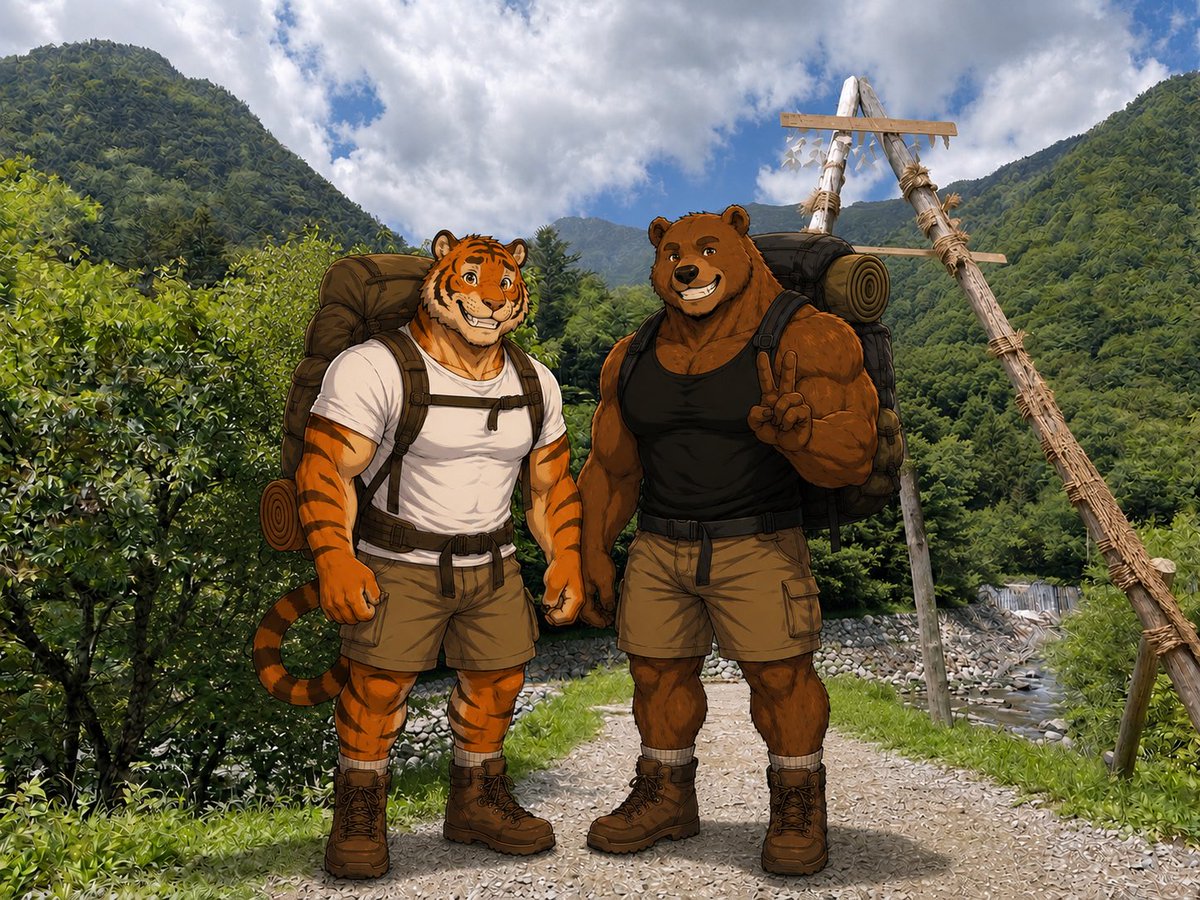 raccoon8fox's tweet photo. いよいよタイガー🐯とクマのお泊まり⛰️登山デート❤️
クマ「パンダから借りたザック、よく似合ってるな！これから日本で2番目に高い北岳に、2人で協力して登ろうぜ！」
タイガー「初めての登山だから緊張するよ。。。いざという時はクマくん、助けてね❤️」
クマ「俺に任せとけ！❤️」
#anthro #furryart https://t.co/ifJYHPX9QX