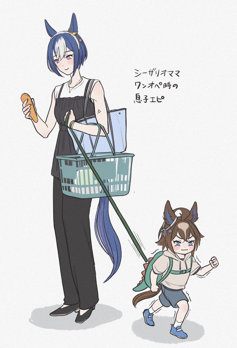 diotima7878's tweet photo. 昨日描いた絵のシーザリオママと息子エピ　の場合＠スーパー　
パパがいない時はハーネス付きリュックで息子のかっ飛びを御す https://t.co/klxiizmf11