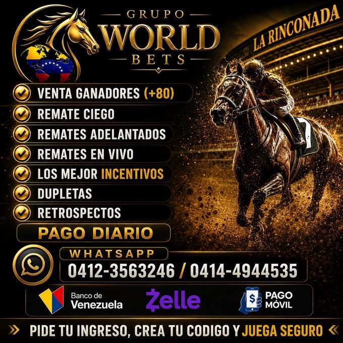 CHUVIJIMENEZ's tweet photo. Únete ya al grupo de WhatsApp de apuestas hípicas, el "Grupo World Bets" y se parte de los clientes VIP, seriedad y responsabilidad, ya con 10 años en el medio.

Venta de ganadores, remates adelantados y en vivo. Juega, gana y cobra seguro. Contactos: 0412-3563246 y 0414-4944535. https://t.co/eDfNuUiwz8