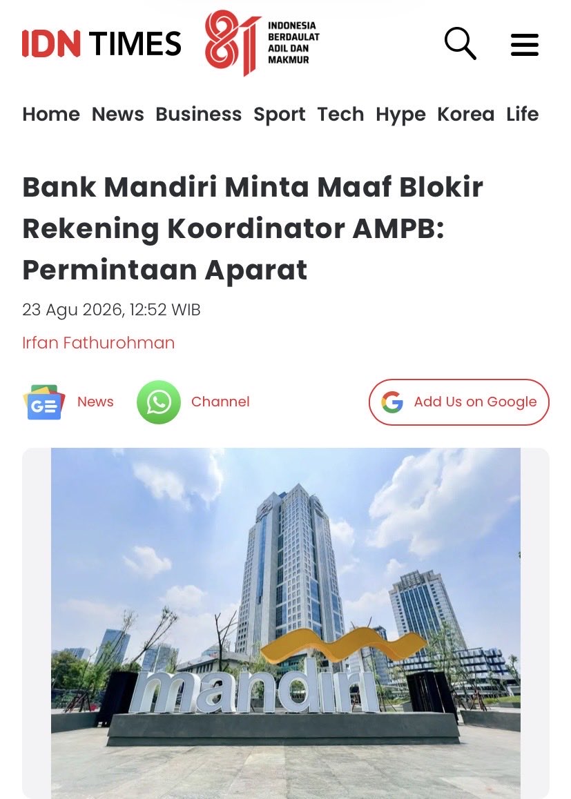 ArfZulfikar's tweet photo. Bank Mandiri memiliki 32,9 jt pengguna aktif, kasus ini bisa menghilangkan rasa keamanan nasabah. Jika kalian masih menjaga kepercayaan nasabah:

- Tunjukan “Surat Perintah” dari “Aparat”
- Tunjukan pelanggaran yg dilakukan
- Jika tidak, kalian ga berhak memblokir https://t.co/Y2iZ0A8cmS