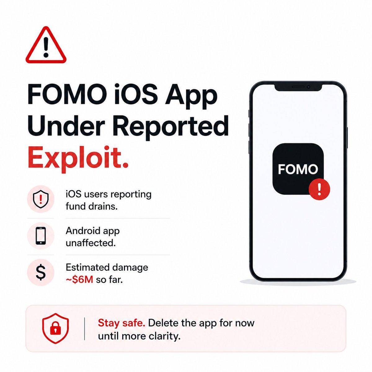 repusurance's tweet photo. Reputation crisis

FOMO users are reporting suspected fund drains linked to the iOS app.

Reports claim losses may have reached millions, while the Android version is reportedly unaffected.

If confirmed, this isn't only a security incident.

Can I trust this app with my money? https://t.co/sXell8pFlj