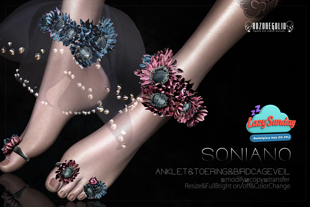 ROZOREGALIA2018's tweet photo. ROZOREGALIA participates @ Lazy Sunday,Weekly Marketplace Sales✨  ROZOREGALIA_SONIANO*ANKLET&amp;TOERING&amp;VEIL
[MP]→https://t.co/IzNh18vYq3
[Linktree]→https://t.co/Tqtf46ipKs
Thank you very much,and Enjoy your Second Life. #Secondlife #ROZOREGALIA https://t.co/tLdBCi6UbJ