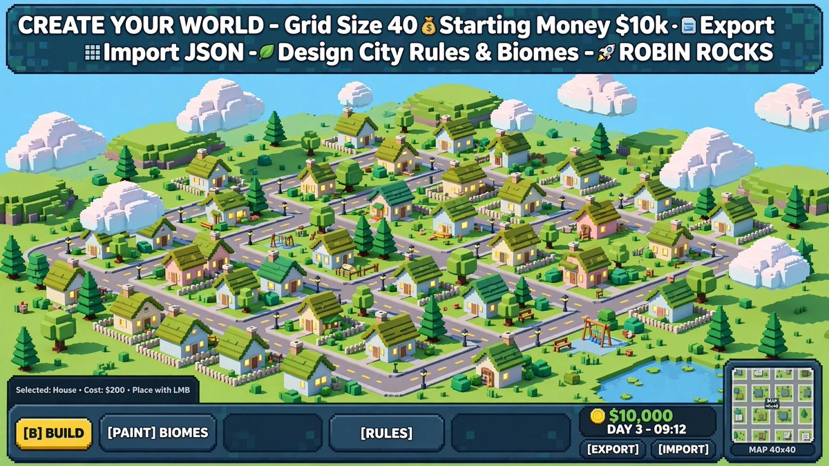 RobinrocksCity's tweet photo. 🌏CREATE YOUR WORLD FEATURE IS LIVE!

Design:

- City rules &amp; biomes

- Grid size 40+

- Win conditions

- Starting money $10k

- Export/Import JSON

- Share as playable game

BETA !!!
#Robinhoodchain https://t.co/Um5kA4Pzgn