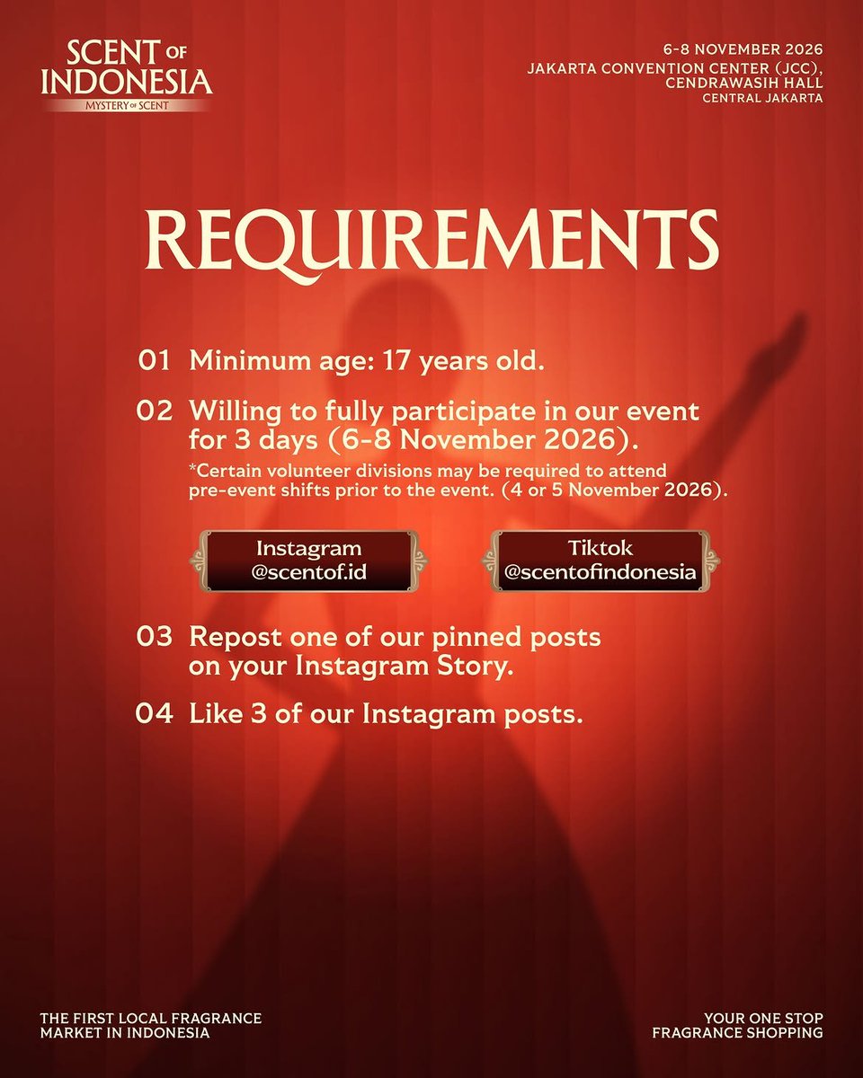 disiniloker's tweet photo. 📢 Info Volunteer (PAID)

SCENT OF INDONESIA
🧑‍💻 ⁠Ticketing, Crowd Control, ⁠Safety &amp; Security, ⁠Event, LO, ⁠Consumption, Photographer, Videographer, Medical, Content Creator, Logistic &amp; Maintenance dll
📍 Jakarta Convention Center
🗓️ 6–8 November 2026
🔗👇

#disinivolunteer https://t.co/mnnAczaFeG