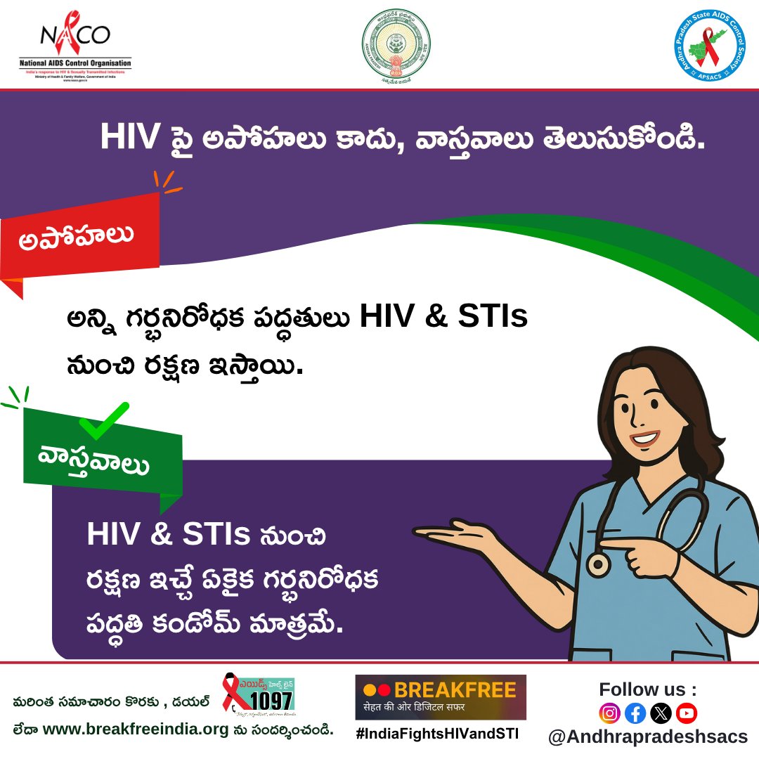 APSACS2020's tweet photo. HIV & STIs నుంచి రక్షణ కల్పించే గర్భనిరోధక పద్ధతి కండోమ్ మాత్రమే.
HIV గురించి అపోహలను నమ్మకండి. వాస్తవాలను తెలుసుకోండి — అవగాహన పెంచుకోండి.
#IndiaFightsHIVandSTI #HIVAwareness #HIVFacts #StopHIVStigma #KnowYourStatus #STIAwareness #APSACS https://t.co/zDwtzMTaQX