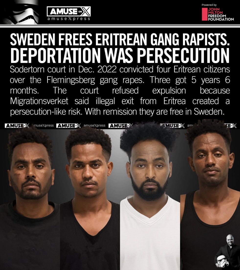 amuse's tweet photo. SUICIDAL EMPATHY: The Swedish courts won't let migrants be deported even if they are convicted of raping multiple Swedish women and children. For example, four Eritrean gang rapists cannot be deported and are being released into the same community where their victims live. More than 40% of children in Sweden are foreign-born.