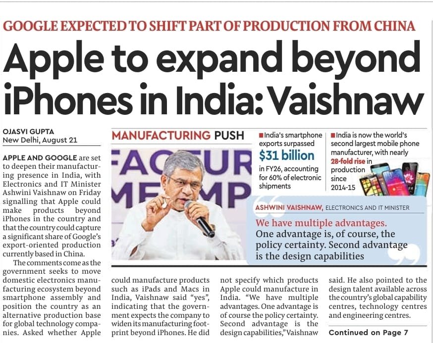 Sanjay_Sriv's tweet photo. Yesterday: Policy notified: ₹62,500 Cr on the table.🇮🇳💰

Today: Apple and Google hit the accelerator on Make in India. Bringing iPads, Macs, and Pixels into the fold. 📲💻

India’s electronics manufacturing just hit an inflection point. 

Big Tech is no longer looking at India purely as a smartphone assembly outpost, it is becoming a multi-product manufacturing powerhouse for global markets.

Here is what this next wave of expansion means:
1. The Next Expansion Wave
 * Apple goes beyond iPhones: Signals point to local manufacturing expanding to iPads and Macs, scaling beyond the iPhone base built by Tata Electronics and Foxconn.

 * Google shifts out of China: Targeting global exports by moving production of Pixel smartphones, smartwatches, and wireless earbuds to India and Vietnam by 2027, partnering with domestic champions like Dixon Technologies.
 
* Global volume scale: India is projected to account for ~26% of global iPhone production by 2026.

2. Upgrading Domestic Value Addition:
 * Value addition in domestic electronics manufacturing has moved past 25–28%, shifting away from basic single-digit assembly.

 * Expanding into complex product lines (laptops, tablets, wearables) forces localized component sourcing: casings, printed circuit boards (PCBs), sub-assemblies, and precision mechanics.

3. Deepening the Ecosystem
 * Local champion integration: Indian EMS players (Tata Electronics, Dixon) are transitioning into Tier-1 global manufacturing partners.

 * Design & GCC integration: Tapping into India’s vast pool of Global Capability Centres (GCCs) and engineering talent to bridge hardware assembly with hardware design and system architecture.

4. Economic & Export Potential
 * Surging shipments: Smartphone exports crossed $31 billion in FY26, making up over 60% of total electronics shipments.

 * Production scale: A 28-fold rise in production volume since 2014–15 has cemented India as the world's second-largest mobile manufacturer.

 * Strategic supply shift: Capturing major market share as global tech giants execute long-term "China+1" diversification strategies.

The transition from device assembly to ecosystem ownership requires:
 * Localizing high-value component supply chains (display panels, camera modules, advanced semiconductors).

 * Sustaining long-term policy certainty beyond initial incentive lifecycles.

 * Developing deep technical skill sets for high-precision computing and tablet manufacturing.

India is no longer just assembling devices. It is anchoring the next global electronics supply web.

cc: @AshwiniVaishnaw  
@Apple @Google 
@TataElectronics 

By #ojasvigupta

#MakeInIndia #ElectronicsManufacturing #SupplyChain #BigTech #PLIScheme