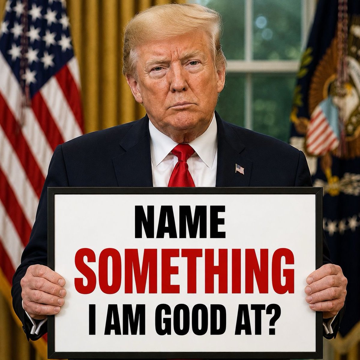ScarlettMarvin_'s tweet photo. Name ONE thing Trump is good at? 

A) Presidency 
B) Politics 
C) Humanity 
D) Intelligence 
E) Something else? https://t.co/t3ddYRlpbA