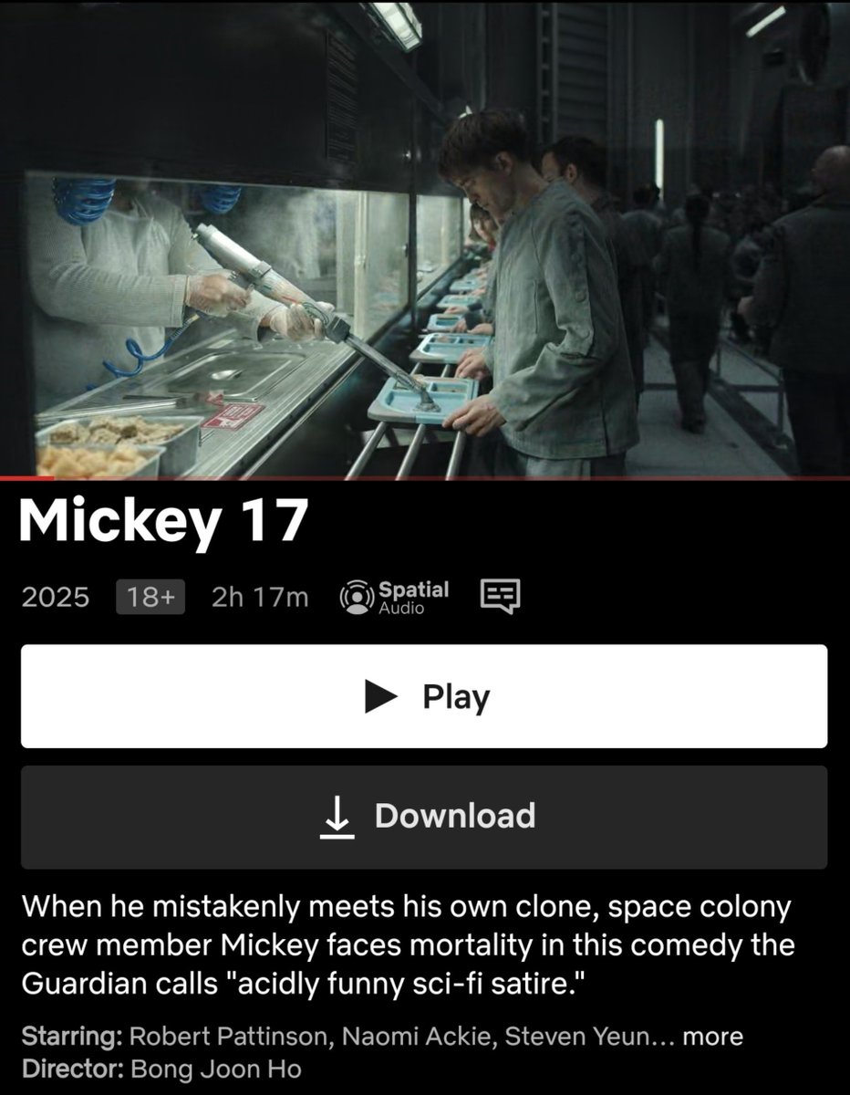 HabisNontonFilm's tweet photo. MICKEY 17 udah rilis di Netflix!

Film garapan Bong Joon-ho ini kayak gabungan SNOWPIERCER dan OKJA dengan bumbu komedi yg kental.

Satu pesan yang paling berasa dari film ini:
Kerja sampe mati berkali-kali pun, belum tentu dihargai. https://t.co/XmUdBJvNf4