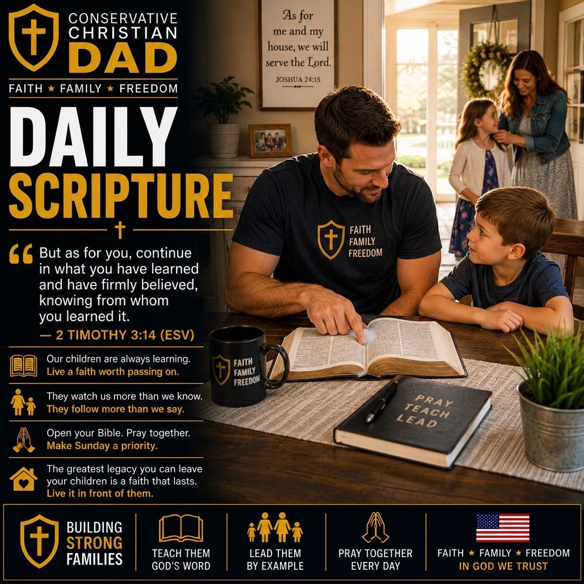 CCDadTruth's tweet photo. 📖 DAILY SCRIPTURE (ESV)

“But as for you, continue in what you have learned and have firmly believed, knowing from whom you learned it.” — 2 Timothy 3:14 (ESV)

Our children are learning from us long before we realize we’re teaching them.

They watch whether Dad opens his Bible.

They notice whether Mom and Dad pray when life gets hard.

They see whether Sunday worship is a priority—or something we do only when it’s convenient.

They hear how we speak.

They watch how we forgive.

They see whether the faith we talk about is the faith we actually live.

One of the greatest things we can pass to the next generation isn’t money, possessions, or success.

It’s a faith worth continuing.

Live it in front of them. ✝️

#DailyScripture #SundayScripture #BuildingStrongFamilies #ChristianParents #ConservativeChristianDad