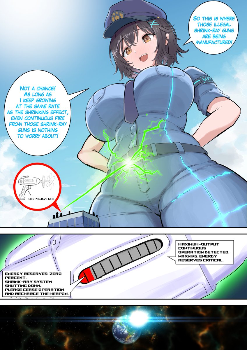 noire_giantess's tweet photo. オリジナルキャラクターで巨大娘イラスト。巨大化能力を持つ巡査が縮小光線銃を製造して��るアジトを制圧しようとしますが……
#巨大娘#giantess https://t.co/FVWWioS63c