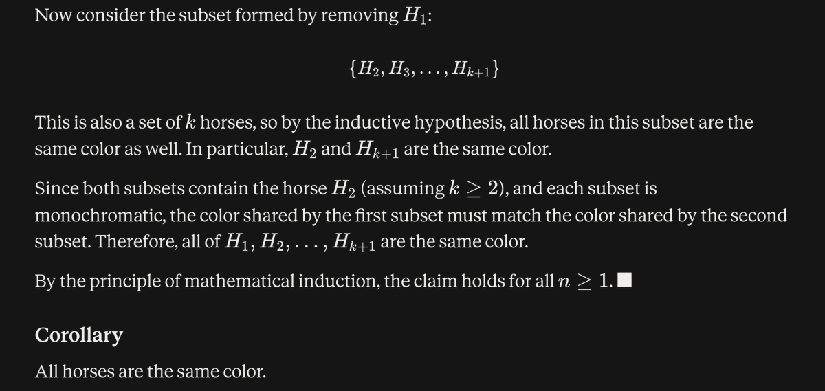 garvvee's tweet photo. In 1954, mathematician George Pólya conjectured that all horses are the same color. Today, my friend Fable has finally proved that they are!

This has been lean verified in 30000000 lines of code and a full paper will be submitted to the Annals! Conversation included here! https://t.co/bBJ0sHfQX8