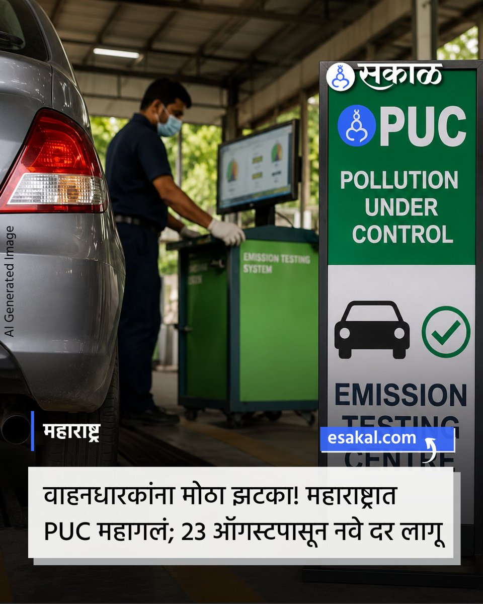 SakalMediaNews's tweet photo. महाराष्ट्रात PUC तपासणीचे दर वाढले परिवहन आहेत. विभागाने वाहनांच्या प्रकारानुसार PUC शुल्कात वाढ केली आहे. नव्या दरानुसार दुचाकी वाहनांसाठी PUC शुल्क 50 वरून 60 करण्यात आले आहे. पेट्रोल, CNG आणि डिझेल वाहनांसाठीही सुधारित दर लागू झाले आहेत.
#PUC #PUCFees #Maharashtra https://t.co/fUpI95R0tT