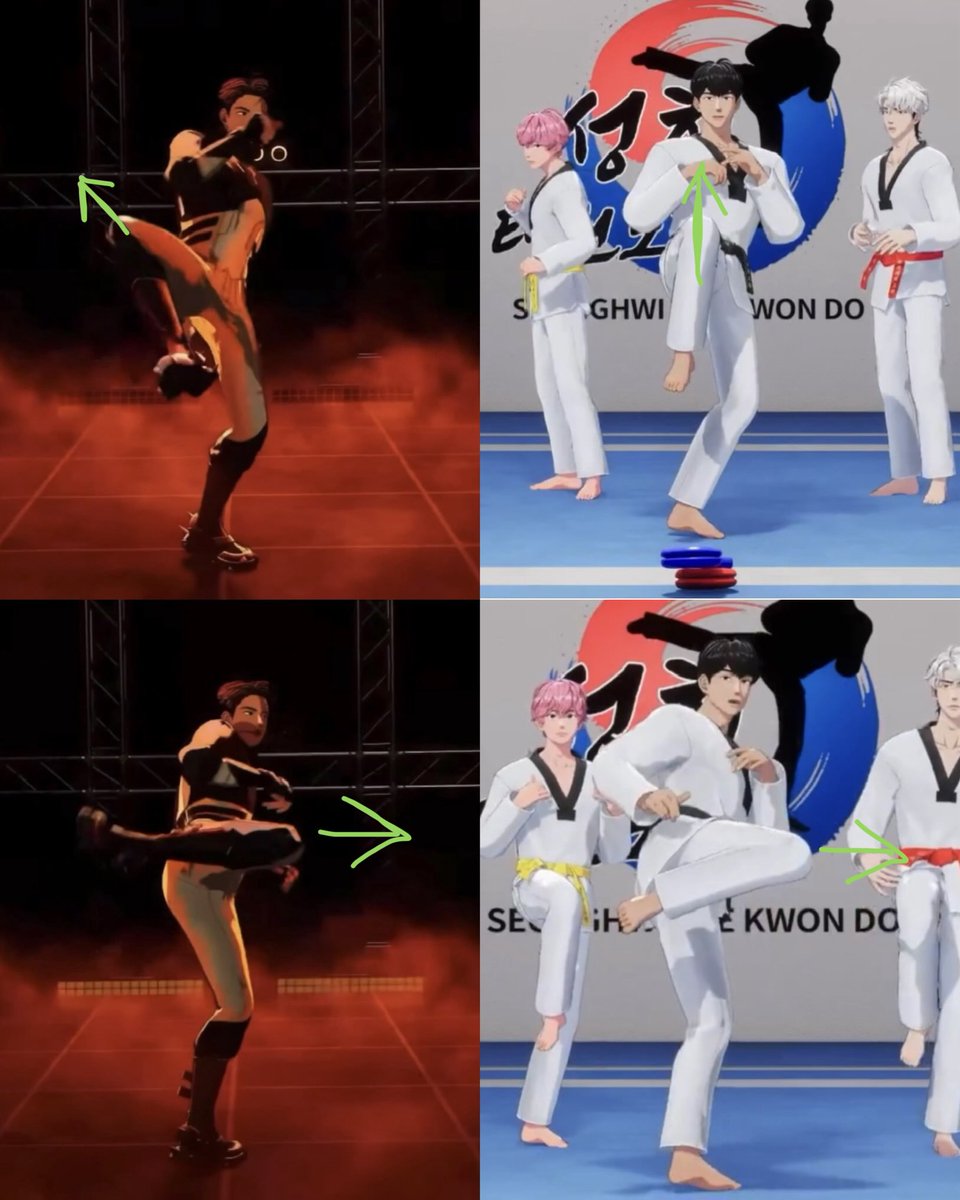 wolhasumok's tweet photo. pay attention to the arrows!

regular turning kick: the knee goes STRAIGHT UP. supporting foot rotates, hip follows, knee points to what you’re aiming for

hamin’s modification: knee further OUT, to make the distance travelled larger so the move can be read more easily onstage https://t.co/3EoFm34ZNc