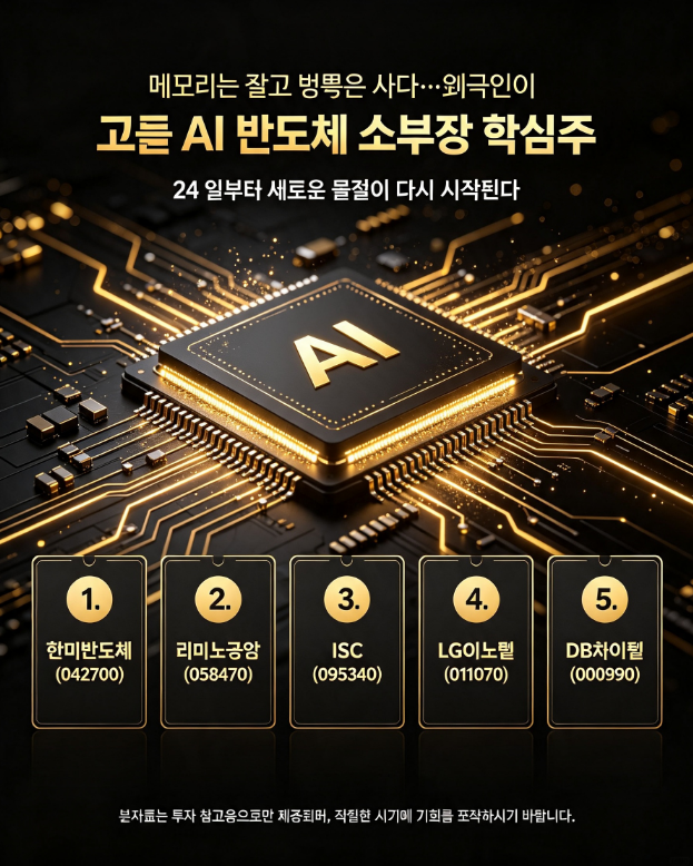 tH1nkTXL0Vr6jxa's tweet photo. 메모리는 팔고 병목은 샀다…외국인이 고른 AI 반도체 소부장 핵심주
24 일부터 새로운 물결이 다시 시작된다
1. 한미반도체 (042700)
2. 리노공업 (058470)
3. ISC (095340)
4. LG이노텍 (011070)
5. DB하이텍 (000990) https://t.co/mjgDXnuTzn