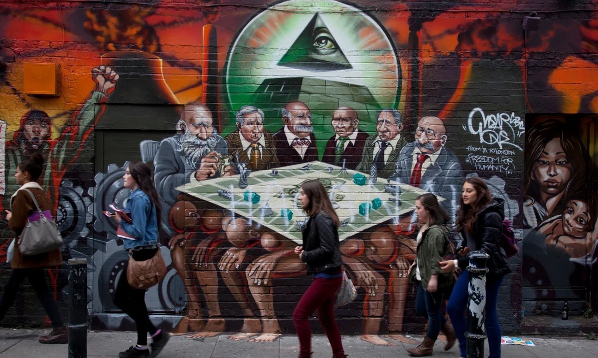 Partisangirl's tweet photo. ZIonists accused One Nation politician Malcolm Roberts of being anti-semitic for sharing this mural on his social media, which he called "the most powerful pic i've ever seen".

He's apparently antisemitic  for using the term Globalist parasites. 

They are trying to get him kicked out of the party over it.