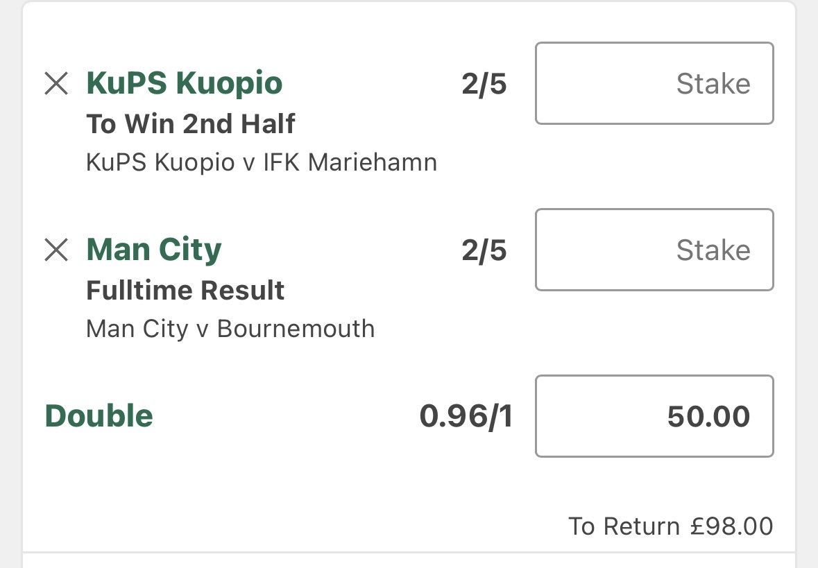 JustTheTipster_'s tweet photo. 🚨 INPLAY DOUBLE 🚨

🏴󠁧󠁢󠁥󠁮󠁧󠁿 Man City to win
🇫🇮 KuPS Kuopio to win 2nd half https://t.co/PU0Q4NmMzr