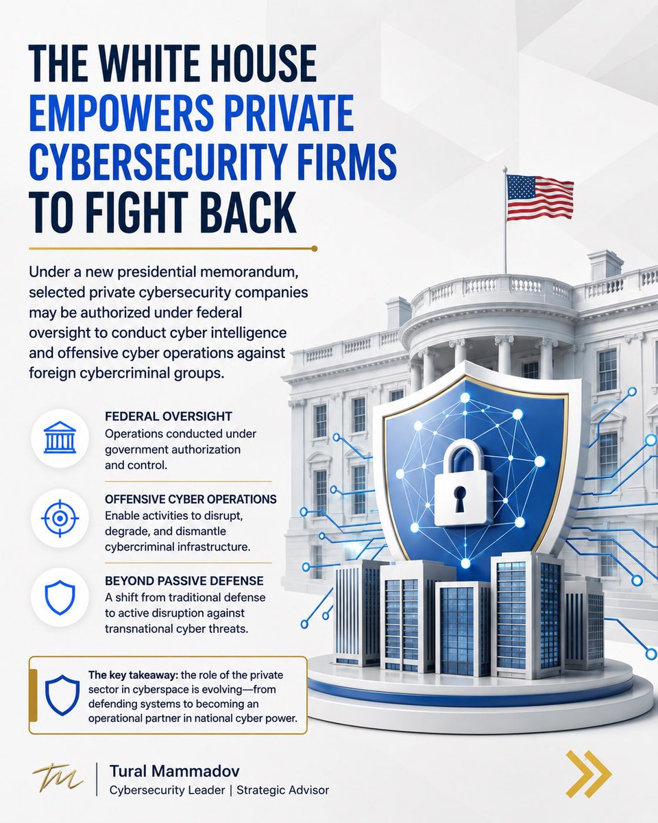 mammadov_t's tweet photo. The United States is changing the rules of the game against cybercrime: private-sector activity is no longer limited to cyber defense — selected companies may now be authorized to move into cyber intelligence and offensive cyber operations. https://t.co/PWoIC8nVtK

#CyberSecurity https://t.co/7fst9JTI2a