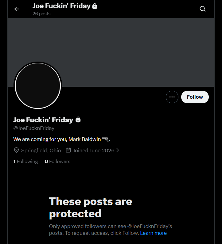 XcanEatShit's tweet photo. This person, @JoeFucknFriday threatens to shoot me, but X does nothing about it.

i post a pic of Winnie the Pooh as an avatar and call myself @HitlerThePooh, and both of those actions got my account suspended.
   X is a fucking joke, but not a funny one https://t.co/Y1fbgmWPtn