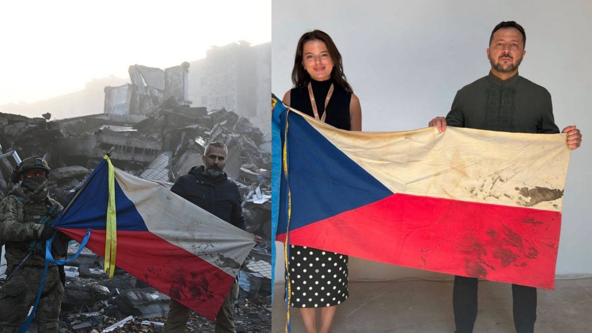 DarPutinovi's tweet photo. Náčelník @FoltynOta píše na svém profilu na FB: Příběh vlajky pokračuje. 21.8.1968 byla namočena v krvi padlých obránců rozhlasu před rusáckým impériem (tehdy se mu po bolševicku říkalo SSSR). Pak na ni 20 let přísahali skauti v ilegálním oddílu (a nikdo z těch stovek dětí ji neprozradil a i proto na ni ukrajinští skauti přišili svoji stuhu). Pak jsme ji přivezli na frontu, kde na ni stuhu přidali zase ukrajinští obránci děkující Čechům za pomoc. A dnes na Den vlajky Ukrajiny jí úctu vyjádřil prezident Ukrajiny. Svoboda se platí krví. Ta, kterou platí dnes Ukrajinci je stejná, jako ta, která je na té vlajce.