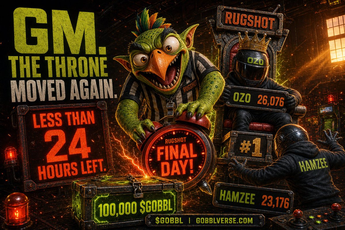 GOBBLcoin's tweet photo. GM. Someone moved the furniture while GOBBL was asleep.

@Ozo_sol09  just dropped 26,076 on RUGSHOT, taking the weekly lead and the all-time record. @hamzeeonweb  is now 1,162 points back, presumably measuring the hallway for his temporarily relocated chair.

Less than 24 hours remain. 100,000 $GOBBL awaits the top eligible verified score.

The throne is occupied.
It is not secured.

https://t.co/Tmu4bwGcvO