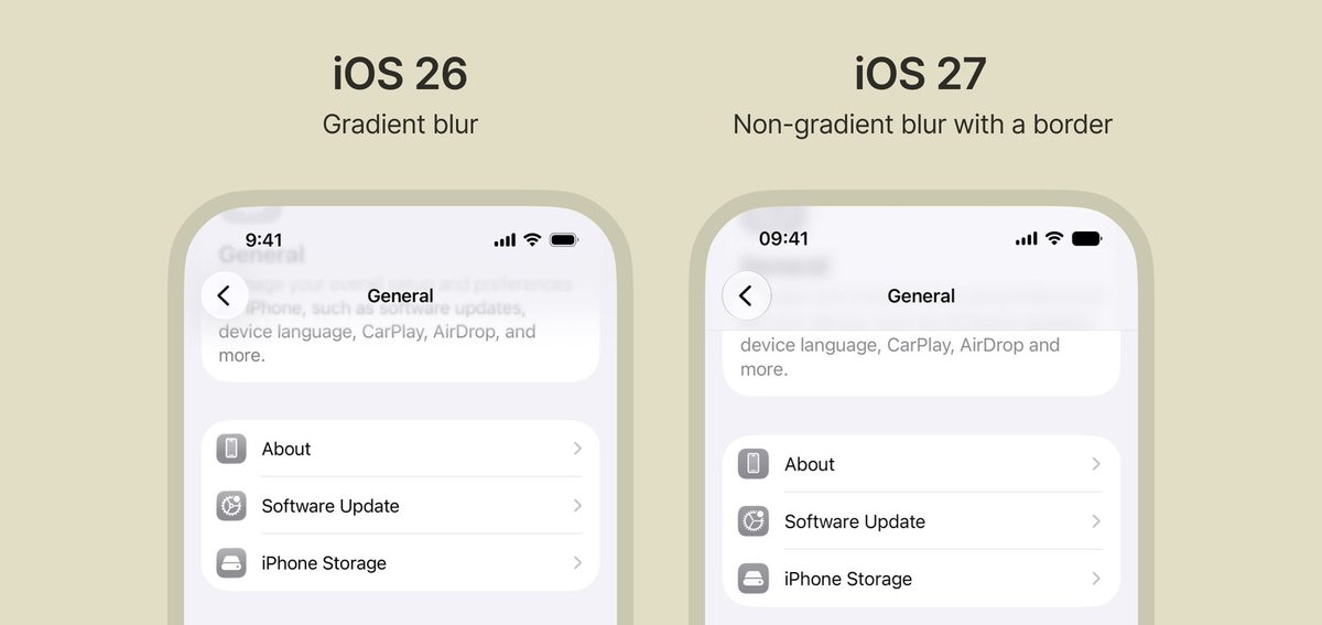 harshil's tweet photo. Alright iOS 27 question: What the hell are we doing with the nav bars???

Are we keeping the new default “hard” blurs or going back to iOS 26-style “soft” blurs? https://t.co/fEo8y8vMbo