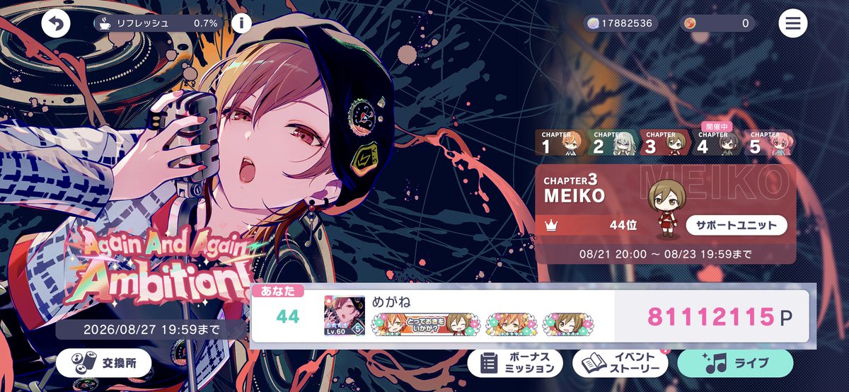 mgn_san's tweet photo. WL3 part5 ～ Again And Again Ambition! ～
東雲　彰人　65th   147,730,898pt
MEIKO　　　44th     81,112,115pt

ずっとギリギリの状況下で、ついぼ・ご支援、たくさん助けていただきありがとうございました。
彰人チャプタの最終日のほぼ半日＋最終2時間では無理をお願いしてしまいましたが、どうにか滑り込めました。最大の感謝を。