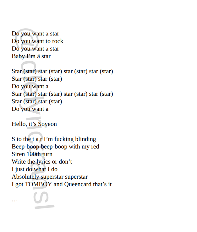 idlelyrictransl's tweet photo. A translation of "STAR" by #SOYEON https://t.co/6TYakSPmPq