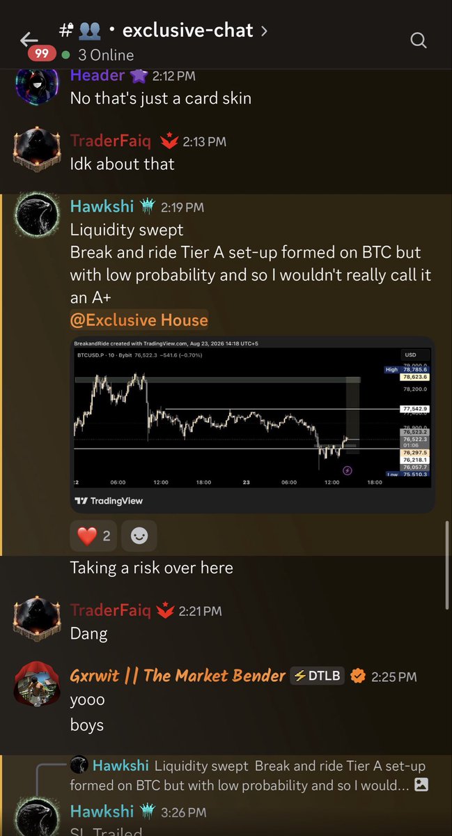 Hawkshiii's tweet photo. Break and Ride TIER-A Set-Up on $BTC  

Although it wasn't much of an A+ Set-Up due to low volume on Sunday but nevertheless I updated in VIP CHAT that we have swept the liquidity and potentially go higher

First TP was the range mid area at 77.5k which has been successfully hit. 

It was a good logical trade based upon the following Bitcoin Uptrend and the Set-Up Formed after the sweep