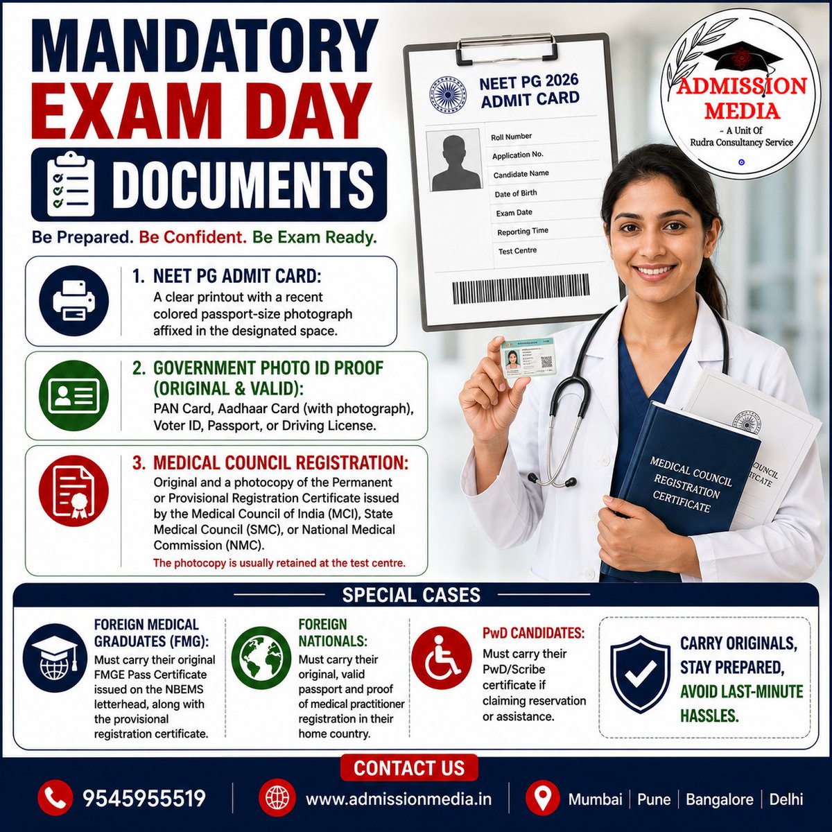 admission_media's tweet photo. List of Document Required at the Exam Center for NEET PG 2026
Wishing you success & excellence โจ๏ธ
โ Team Admission Media
Follow our WhatsApp channel for more updates : https://t.co/Qs8egJAjp6
#NEETPG2026 #NEETPG #NBEMS #MedTwitter #Doctors https://t.co/977nsismuW
