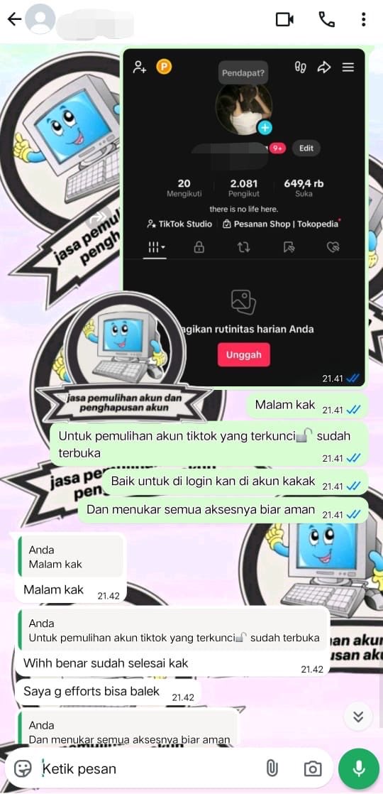 MichaeBorges's tweet photo. JASA PEMULIHAN AKUN &amp; HAPUS AKUN🖤
•AKUN LUPA PASWORD/LUPA DATA2
•JASA SADAP WA/IG
•JASA SUSPEND/UNSUSPEND AKUN
•JASA HAPUS AKUN
•JASA HACK/•PULIHKAN,BALIKIN
•AKUN,GMAIL,INSTAGRAM,TWITER,FB
•TIKTOK,TELEGRAM,LINE,
•JASA LACAK DLL.

#zonauangㅤ 
https://t.co/EsWjqbPbKx https://t.co/sGcFzQiT5j