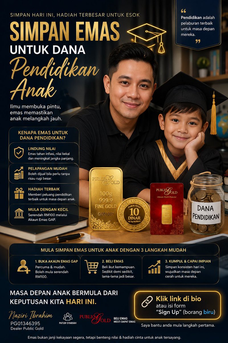 g_riesboohimis's tweet photo. Kita mungkin tak mampu jamin bagaimana kehidupan anak 10–20 tahun akan datang.

Tapi kita boleh mula menyediakan sesuatu untuk mereka hari ini.

RM100 mungkin nampak kecil.
1 gram mungkin nampak sedikit.

Tetapi bila dikumpul bertahun-tahun, ia boleh menjadi dana pendidikan yang sangat bermakna.

Masa depan anak bermula daripada keputusan kita hari ini.

Rujuk pinned post atau klik link di bio.